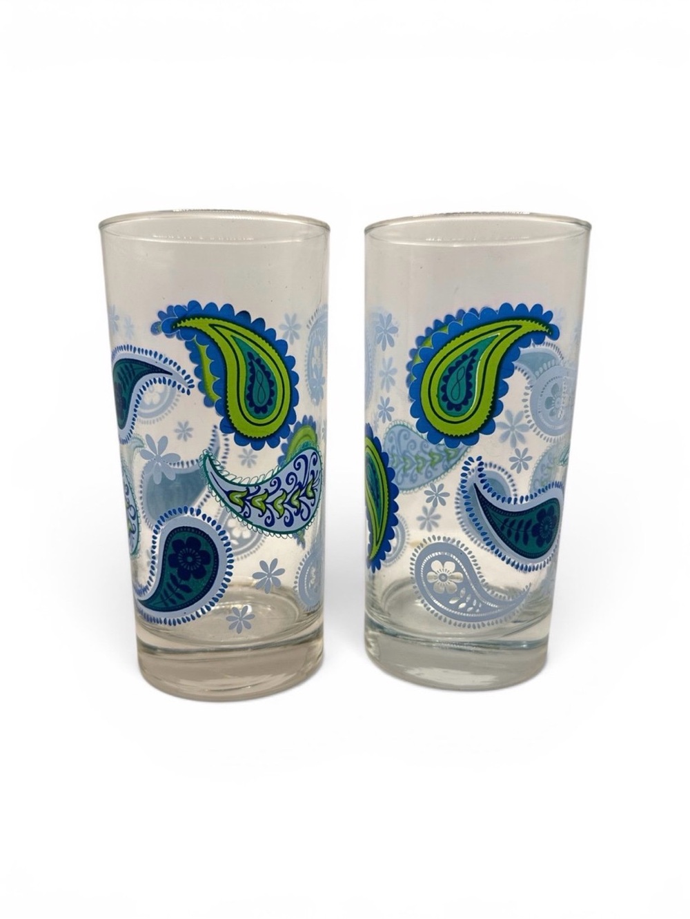 Vintage Pair 1960s 1970s Libbey Crisa Blue Green Paisley Peacock Tumber Glasses